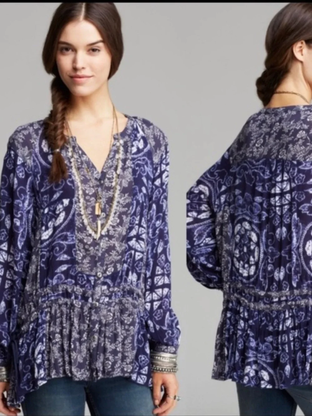 FREE PEOPLE Boho Indigo Ratio Print Tunic